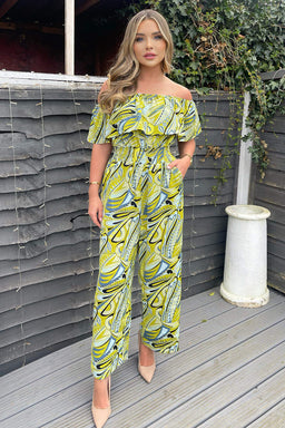 Lime Printed Bardot Culotte Jumpsuit