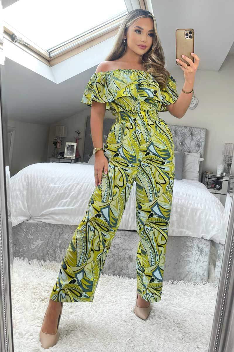 Lime Printed Bardot Culotte Jumpsuit