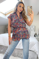 Navy and Orange Floral Print Wrap Top