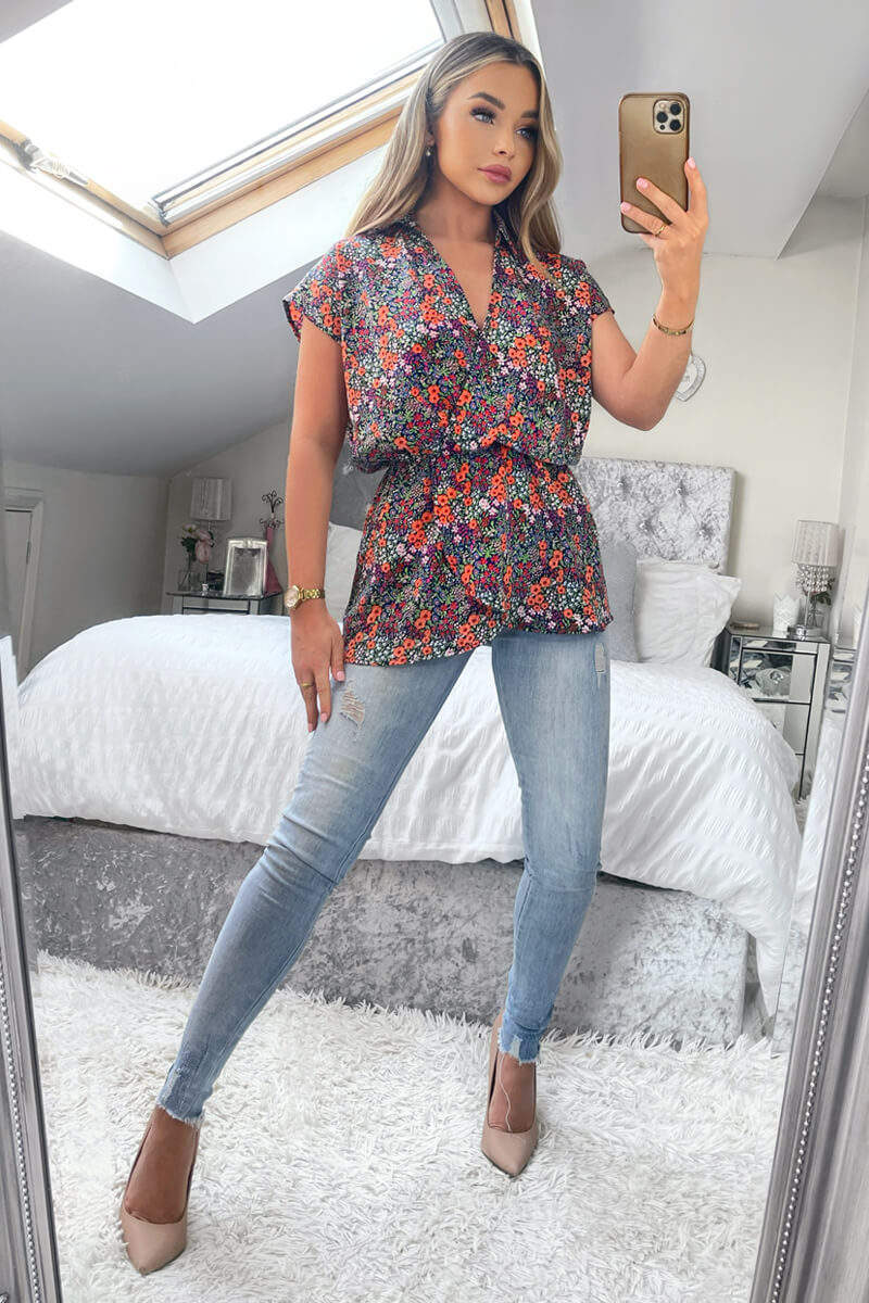 Navy and Orange Floral Print Wrap Top