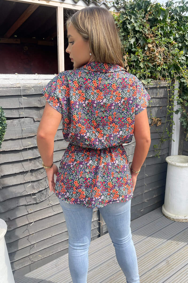 Navy and Orange Floral Print Wrap Top