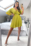 Lime Wrap Over Belted Skater Dress With Short Sleeves