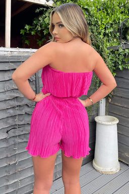 Cerise Plisse Bardot Playsuit