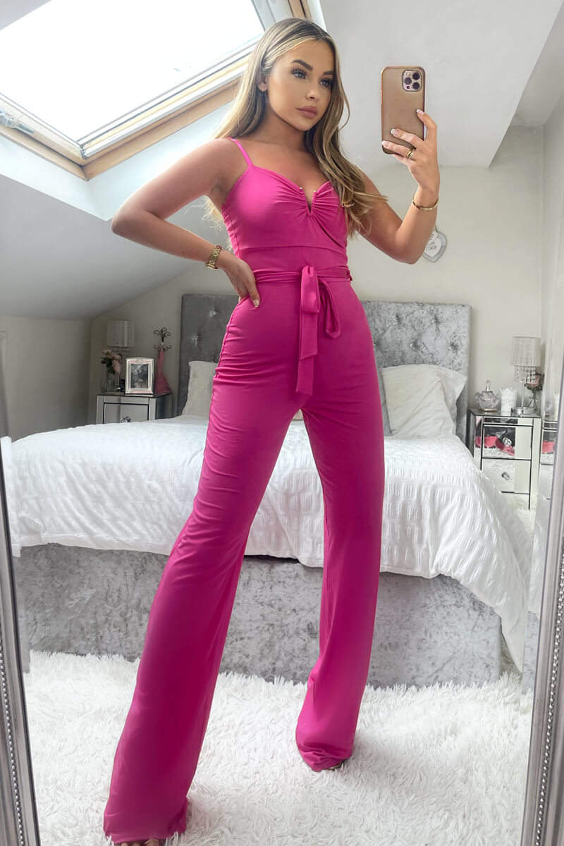 Cerise V-Buckle Belted Full Length Jumpsuit