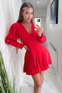 Red V-Neck Long Sleeve Skater Dress