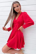 Red V-Neck Long Sleeve Skater Dress