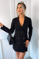 Black Button Front Belted Long Sleeve Blazer Dress