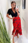 Black and Red 2 in 1 Floral Printed Wrap Midi Dress