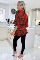 Red And Black Printed Frill Hem Wrap Top