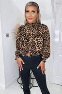 Brown Animal Print Ruffle Front Long Sleeve Top