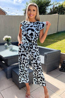 Blue Animal Print Frill Front Jumpsuit