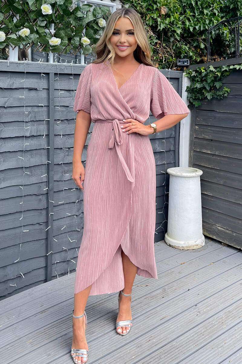 Champagne Wrap Top Belted Short Sleeve Plisse Midi Dress  AX Paris EU