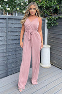 Champagne Wrap Top Tie Waist Full Length Plisse Jumpsuit