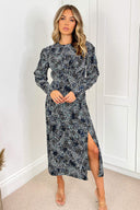 Black And Blue Printed Long Puff Sleeve Midi Dress