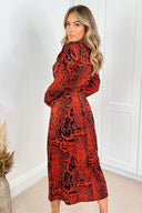 Red And Black Printed Long Sleeve Midi Dress