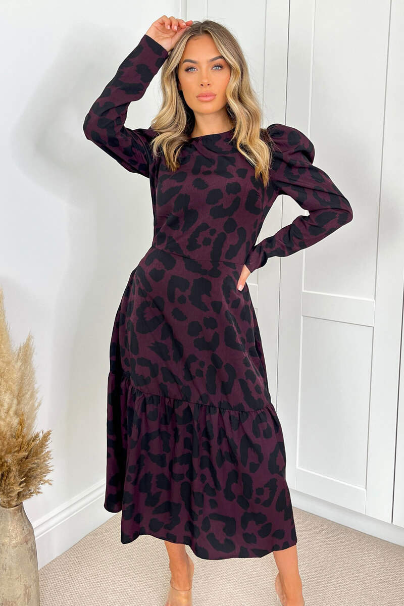 Plum And Black Animal Print Long Sleeve Midi Smock Dress