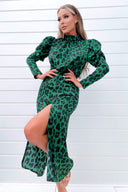 Green and Black Animal Print Puff Long Sleeve Midi Dress