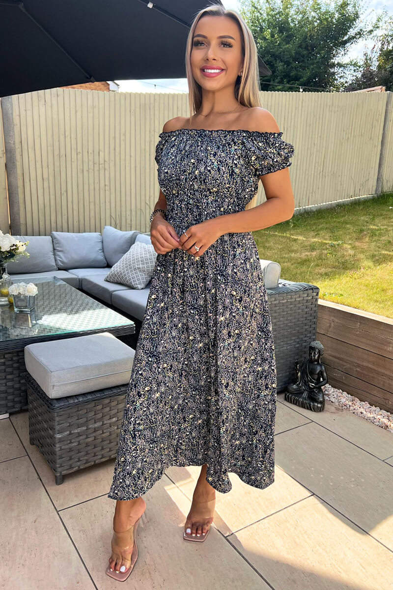 Navy Printed Elasticated Waist Bardot Midi Dress