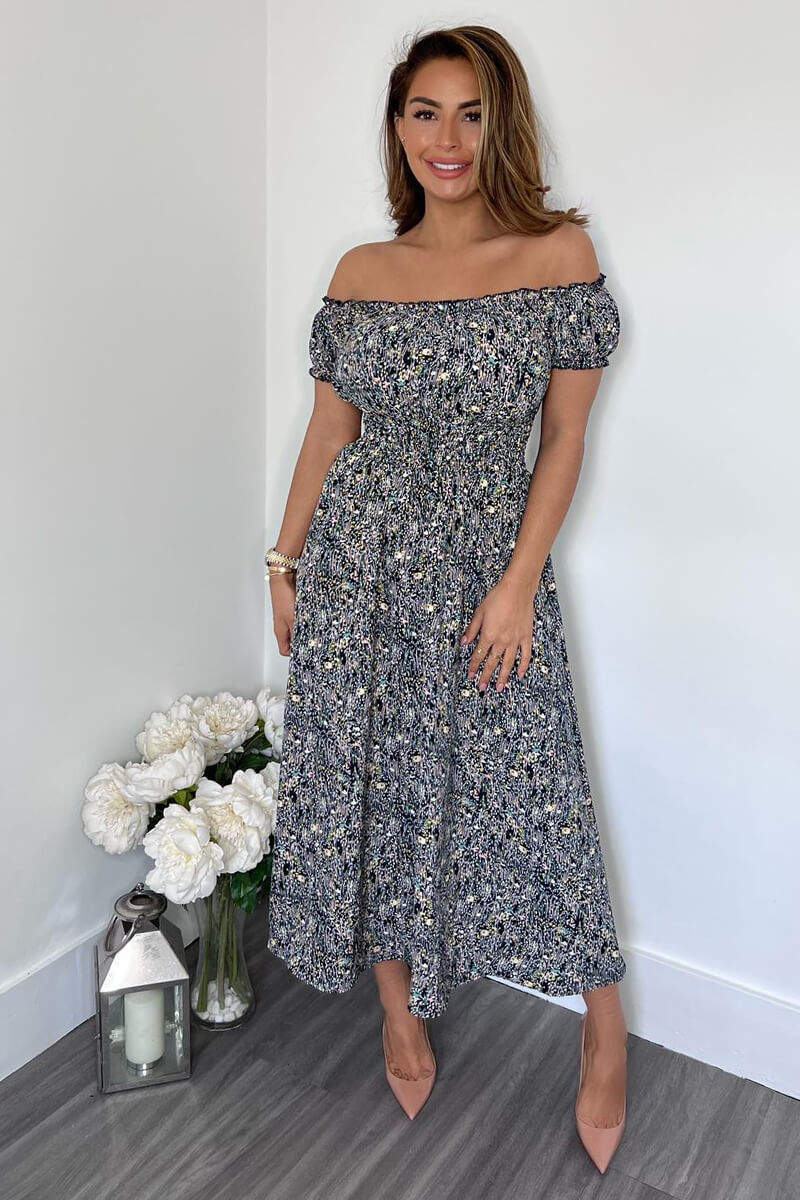 Navy Printed Elasticated Waist Bardot Midi Dress