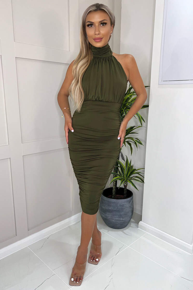 Olive Ruched High Neck Midi Dress