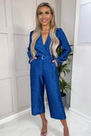 Blue And Black Printed Wrap Over Belted Jumpsuit