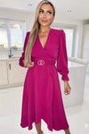 Magenta Long Sleeve Belted Midi Dress