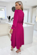 Magenta Long Sleeve Belted Midi Dress