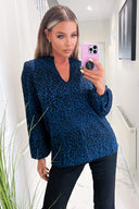 Blue Animal Print Long Sleeve Blouse