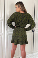 Khaki Animal Print Long Sleeve Mini Skater Dress