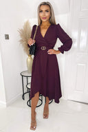 Plum Long Sleeve Belted Midi Dress