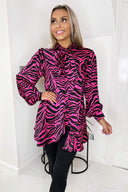 Pink Zebra Print Tie Neck Shirt