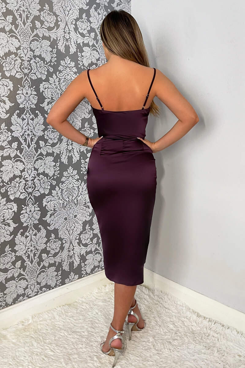 Plum Pleated Wrap Cowl Neck Satin Midi Dress