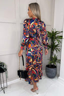 Multi Printed Long Sleeve Wrap Over Midi Dress