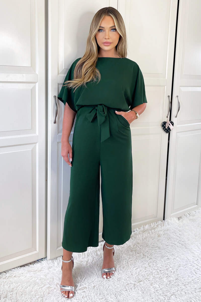 Teal Tie Waist Short Sleeve Culotte Jumpsuit