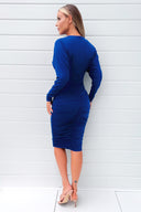 Cobalt Blue Ruched Wrap Top Midi Dress