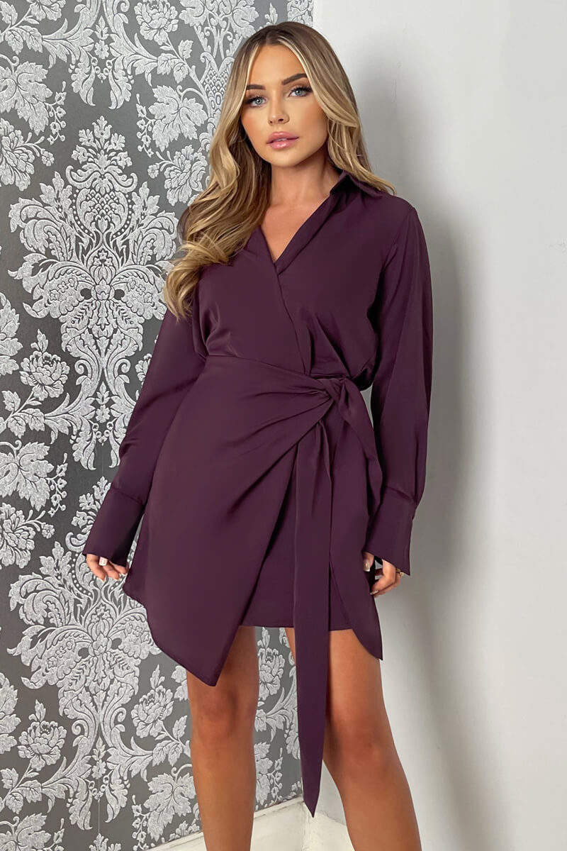 Plum Tie Wrap Long Sleeve Mini Dress