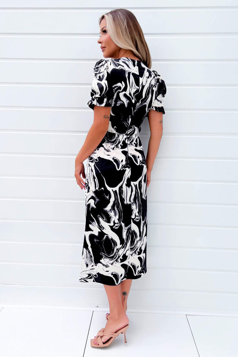 Black And Cream Printed Frill Front Midi Dress