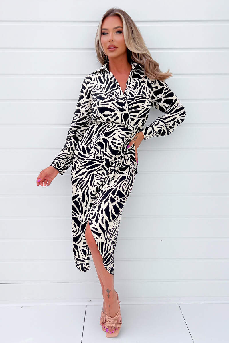 Black and Stone Printed Midi Wrap Dress