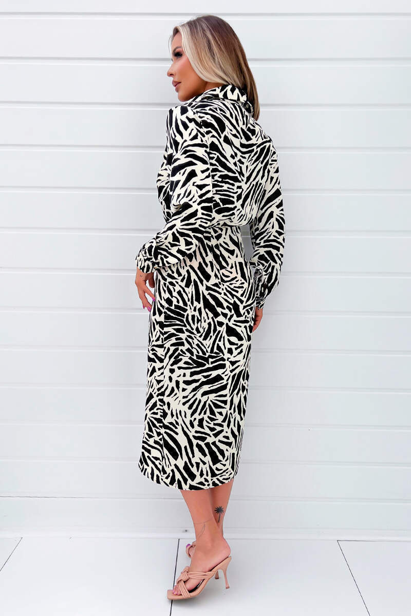 Black and Stone Printed Midi Wrap Dress