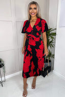 Black And Red Floral Print Pleated Midi Dress