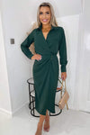 Teal Long Sleeve Side Ruched Wrap Over Midi Dress
