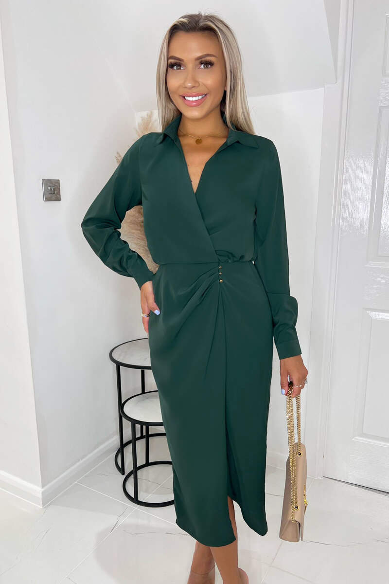 Teal Long Sleeve Side Ruched Wrap Over Midi Dress