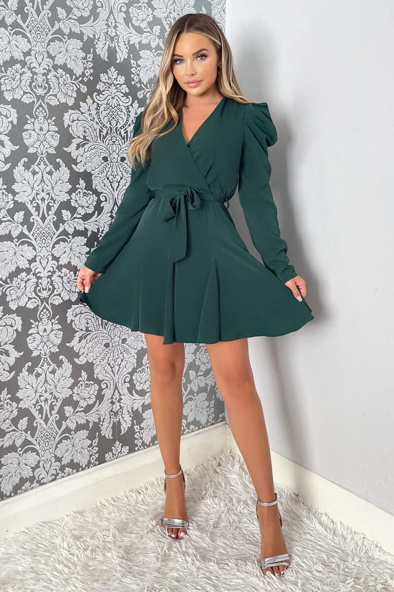 Teal Long Sleeve Tie Waist Skater Dress