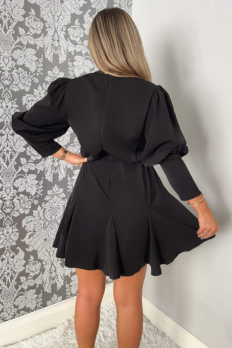 Black V-Neck Long Sleeve Skater Dress