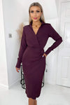 Plum Long Sleeve Midi Dress With Shoulder Pads