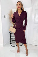 Plum Long Sleeve Midi Dress With Shoulder Pads