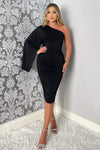 Black Drape Sleeve Bodycon Midi Dress