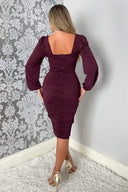 Plum Square Neck Ruched Long Sleeve Midi Dress