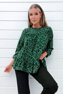 Green And Black Animal Print Long Sleeve Smock Top