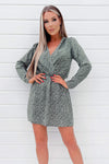 Sage And Black Printed Long Sleeve Mini Dress